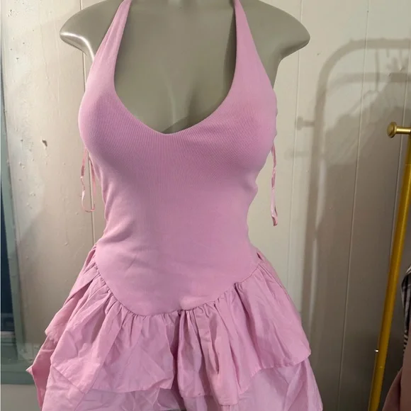 Zara Pink Halter Tiered Ruffle Dress - Picture 2 of 2
